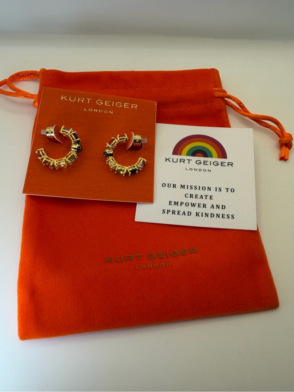 Kurt Geiger London Rainbow Crystal Hoop Earrings Gold Tone NWT $78